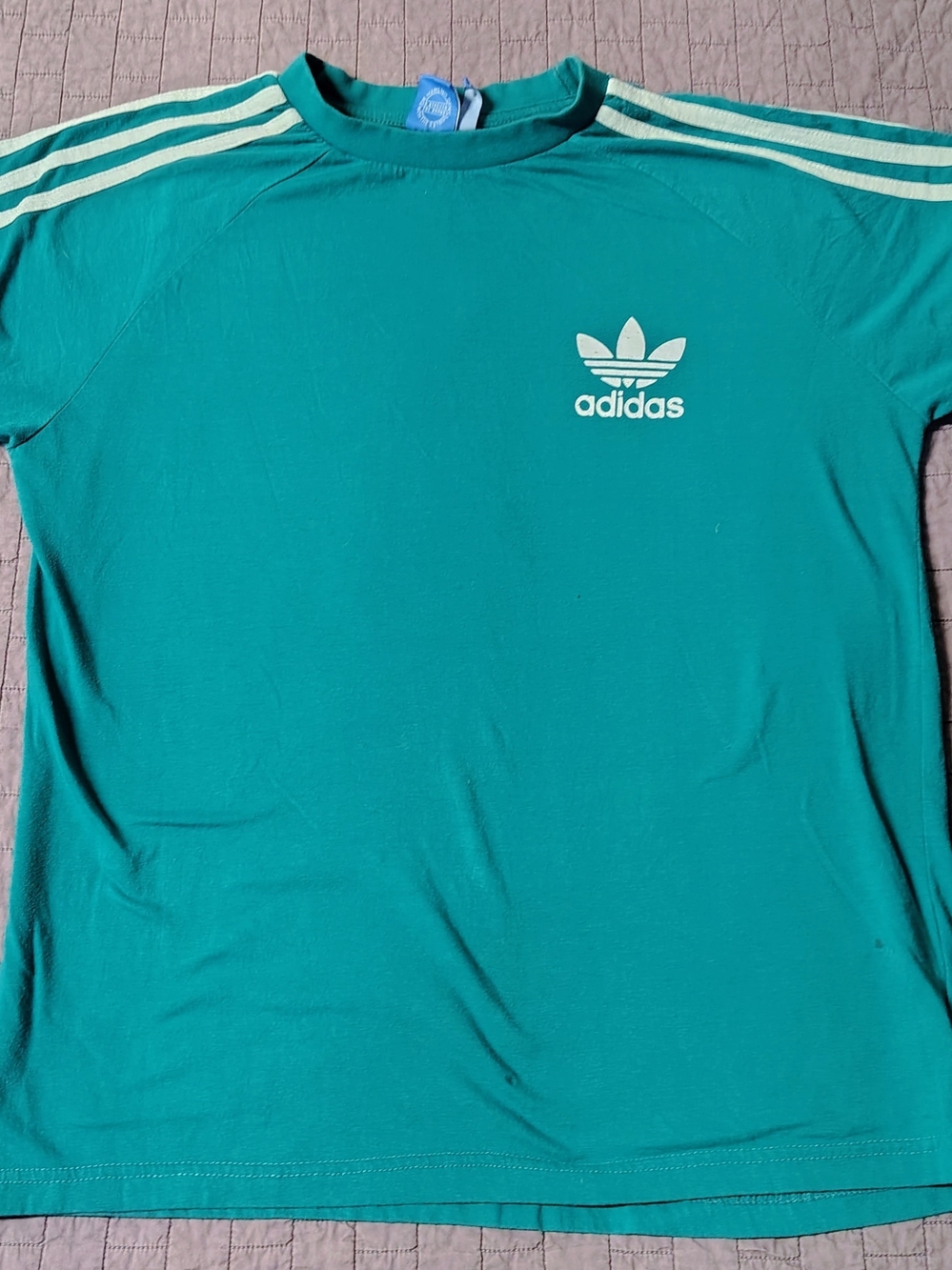 ​Vintage Adidas Trefoil T Shirt Large Teal Green 3 Stripe Sleeve Blue Tag